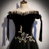 Elegant Black Suede Evening Dresses  2020 A-Line / Princess Off-The-Shoulder Short Sleeve Glitter Tulle Floor-Length / Long Ruffle Backless Formal Dresses