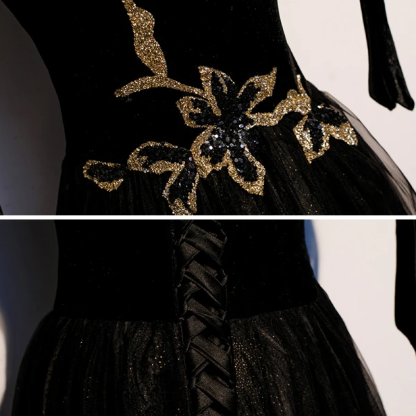 Elegant Black Suede Evening Dresses 2020 A-Line / Princess Off-The-Shoulder Short Sleeve Glitter Tulle Floor-Length / Long Ruffle Backless Formal Dresses