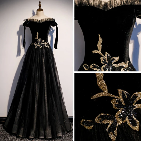 Elegant Black Suede Evening Dresses 2020 A-Line / Princess Off-The-Shoulder Short Sleeve Glitter Tulle Floor-Length / Long Ruffle Backless Formal Dresses