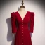Vintage Rot Velour Winter Abendkleider 2020 A Linie Tiefer V-Ausschnitt 3/4 Ärmel Sweep / Pinsel Zug Rüschen Rückenfreies Festliche Kleider