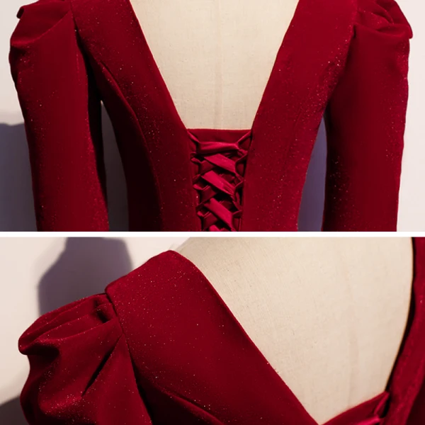 Vintage Rot Velour Winter Abendkleider 2020 A Linie Tiefer V-Ausschnitt 3/4 Ärmel Sweep / Pinsel Zug Rüschen Rückenfreies Festliche Kleider