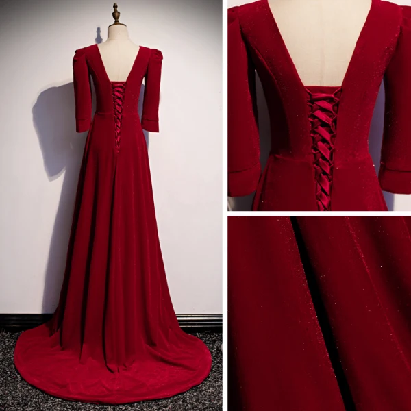 Vintage Rot Velour Winter Abendkleider 2020 A Linie Tiefer V-Ausschnitt 3/4 Ärmel Sweep / Pinsel Zug Rüschen Rückenfreies Festliche Kleider