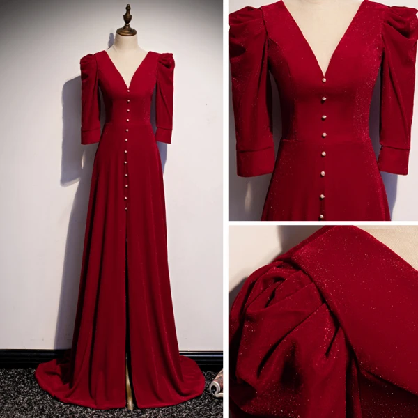Vintage Rot Velour Winter Abendkleider 2020 A Linie Tiefer V-Ausschnitt 3/4 Ärmel Sweep / Pinsel Zug Rüschen Rückenfreies Festliche Kleider