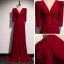 Vintage Rot Velour Winter Abendkleider 2020 A Linie Tiefer V-Ausschnitt 3/4 Ärmel Sweep / Pinsel Zug Rüschen Rückenfreies Festliche Kleider