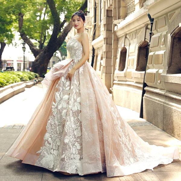 High End Weiß Brautkleider / Hochzeitskleider 2023 Ballkleid Off Shoulder Kurze Ärmel Rückenfreies Applikationen Spitze Sweep / Pinsel Zug Rüschen