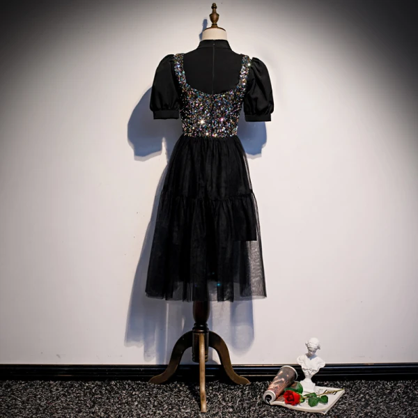 Vintage / Retro Black Party Dresses 2020 A-Line / Princess High Neck Puffy Short Sleeve Sequins Tea-length Ruffle Formal Dresses