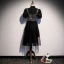 Vintage / Retro Black Party Dresses 2020 A-Line / Princess High Neck Puffy Short Sleeve Sequins Tea-length Ruffle Formal Dresses