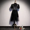 Vintage / Originale Noire Robe De Fete 2020 Princesse Col Haut Gonflée Manches Courtes Paillettes Thé Longueur Volants Robe De Ceremonie