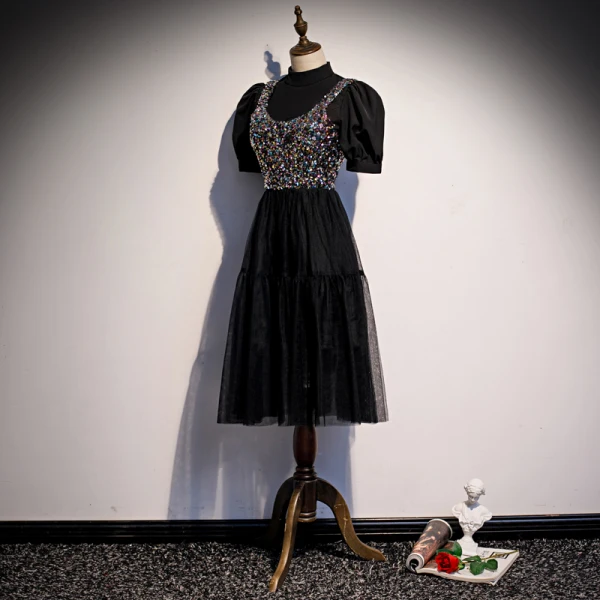 Vintage / Retro Black Party Dresses 2020 A-Line / Princess High Neck Puffy Short Sleeve Sequins Tea-length Ruffle Formal Dresses