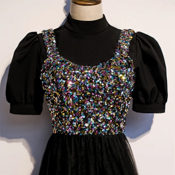 Vintage / Retro Black Party Dresses 2020 A-Line / Princess High Neck Puffy Short Sleeve Sequins Tea-length Ruffle Formal Dresses