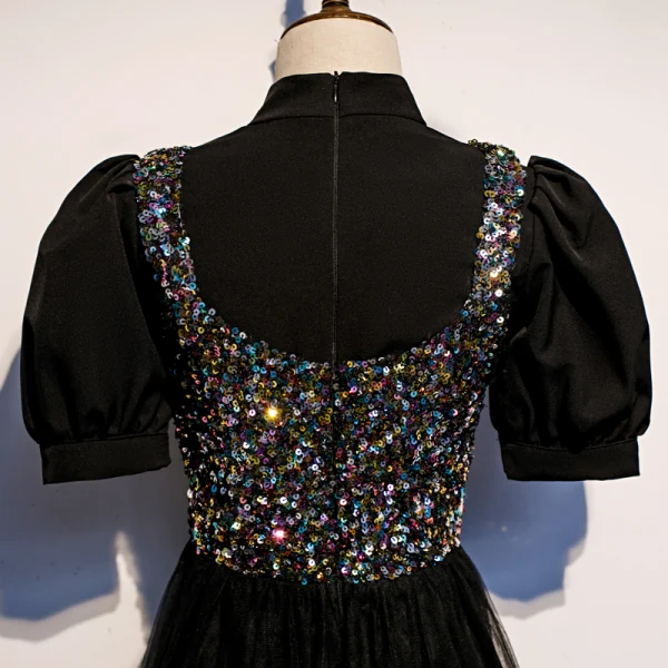 Vintage / Retro Black Party Dresses 2020 A-Line / Princess High Neck Puffy Short Sleeve Sequins Tea-length Ruffle Formal Dresses
