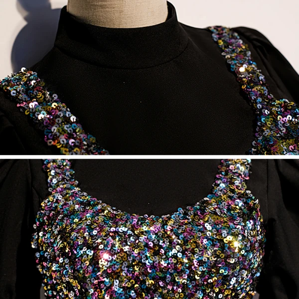 Vintage / Retro Black Party Dresses 2020 A-Line / Princess High Neck Puffy Short Sleeve Sequins Tea-length Ruffle Formal Dresses