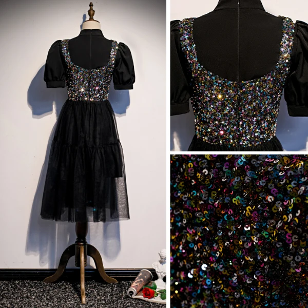 Vintage / Retro Black Party Dresses 2020 A-Line / Princess High Neck Puffy Short Sleeve Sequins Tea-length Ruffle Formal Dresses