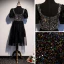 Vintage / Retro Black Party Dresses 2020 A-Line / Princess High Neck Puffy Short Sleeve Sequins Tea-length Ruffle Formal Dresses