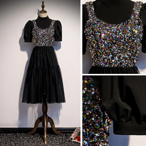 Vintage / Retro Black Party Dresses 2020 A-Line / Princess High Neck Puffy Short Sleeve Sequins Tea-length Ruffle Formal Dresses