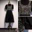 Vintage / Retro Black Party Dresses 2020 A-Line / Princess High Neck Puffy Short Sleeve Sequins Tea-length Ruffle Formal Dresses