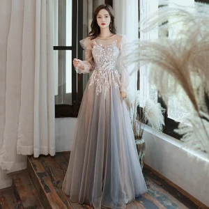Elegant Grey See Through Evening Dresses 2020 A Line Princess Scoop Neck Puffy Long Sleeve Appliques Lace Floor Length Long Ruffle Backless Formal Dresses
