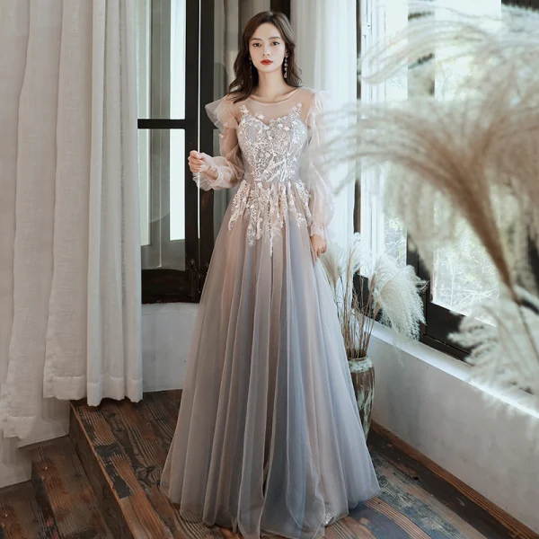 Elegant Grey See-through Evening Dresses 2020 A-Line / Princess Scoop Neck Puffy Long Sleeve Appliques Lace Floor-Length / Long Ruffle Backless Formal