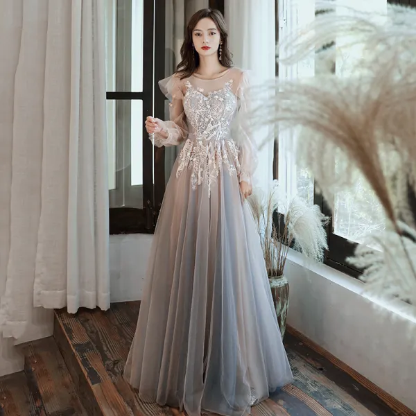 Elegant Grey See-through Evening Dresses  2020 A-Line / Princess Scoop Neck Puffy Long Sleeve Appliques Lace Floor-Length / Long Ruffle Backless Formal Dresses