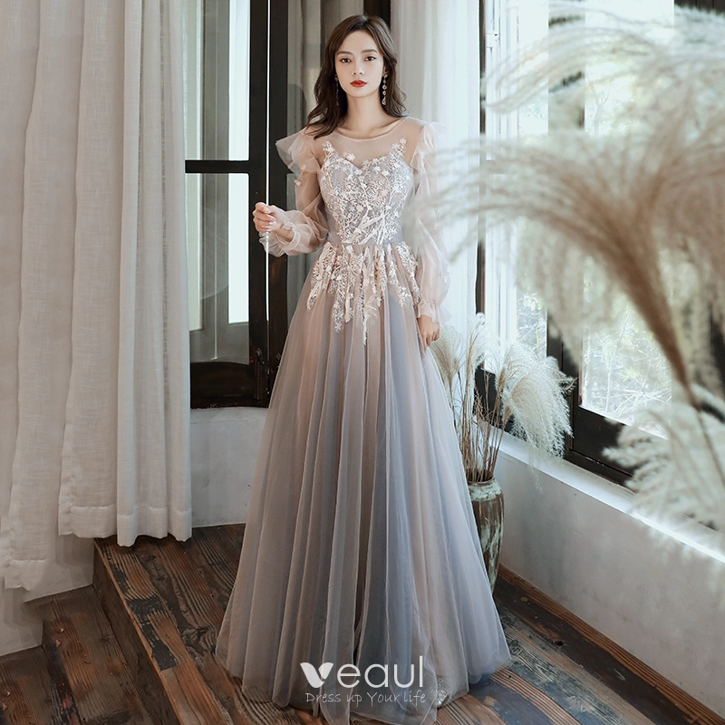 Elegant Grey See-through Evening Dresses 2020 A-Line / Princess Scoop Neck Puffy Long Sleeve Appliques Lace Floor-Length / Long Ruffle Backless Formal