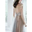 Élégant Gris Transparentes Robe De Soirée 2020 Princesse Encolure Dégagée Gonflée Manches Longues Appliques En Dentelle Longue Volants Dos Nu Robe De Ceremonie