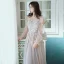Élégant Gris Transparentes Robe De Soirée 2020 Princesse Encolure Dégagée Gonflée Manches Longues Appliques En Dentelle Longue Volants Dos Nu Robe De Ceremonie