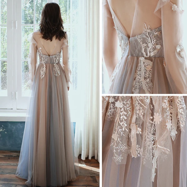 Élégant Gris Transparentes Robe De Soirée 2020 Princesse Encolure Dégagée Gonflée Manches Longues Appliques En Dentelle Longue Volants Dos Nu Robe De Ceremonie