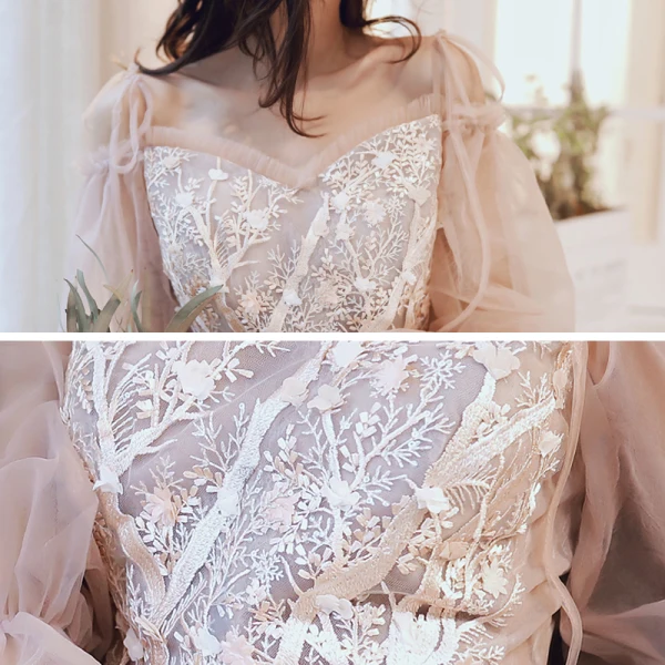 Romantique Champagne Robe De Soirée 2020 Princesse De l'épaule Gonflée Manches Longues Appliques En Dentelle Longue Volants Dos Nu Robe De Ceremonie