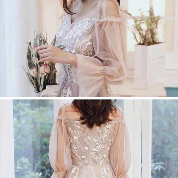 Romantique Champagne Robe De Soirée 2020 Princesse De l'épaule Gonflée Manches Longues Appliques En Dentelle Longue Volants Dos Nu Robe De Ceremonie
