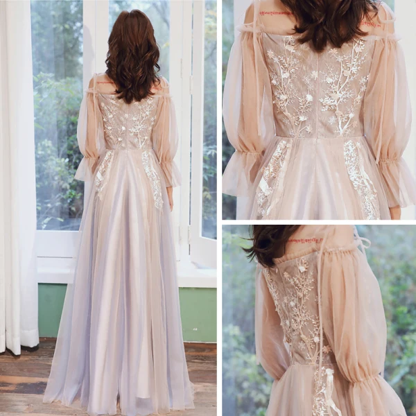 Romantique Champagne Robe De Soirée 2020 Princesse De l'épaule Gonflée Manches Longues Appliques En Dentelle Longue Volants Dos Nu Robe De Ceremonie