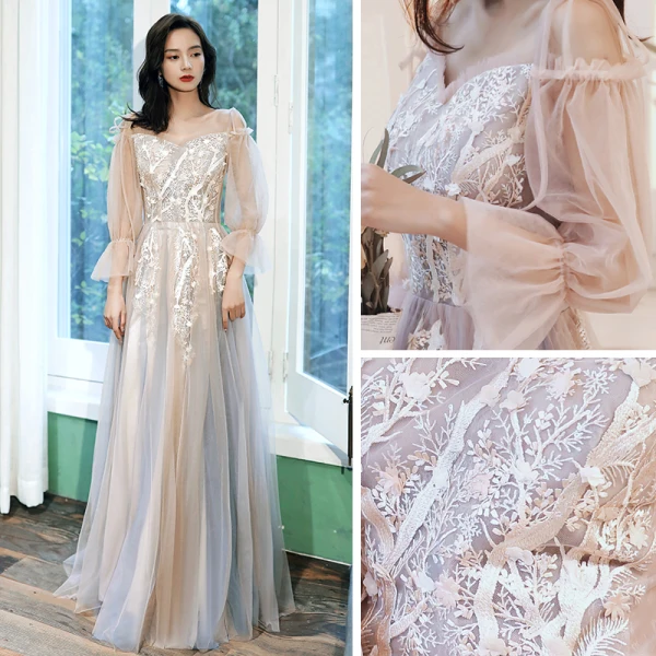 Romantique Champagne Robe De Soirée 2020 Princesse De l'épaule Gonflée Manches Longues Appliques En Dentelle Longue Volants Dos Nu Robe De Ceremonie