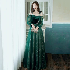 Elegant Dark Green Evening Dresses 2020 A Line Princess Off The Shoulder Puffy Long Sleeve Glitter Sequins Tulle Floor Length Long Ruffle Backless Formal Dresses