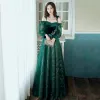 Elegant Dark Green Evening Dresses  2020 A-Line / Princess Off-The-Shoulder Puffy Long Sleeve Glitter Sequins Tulle Floor-Length / Long Ruffle Backless Formal Dresses