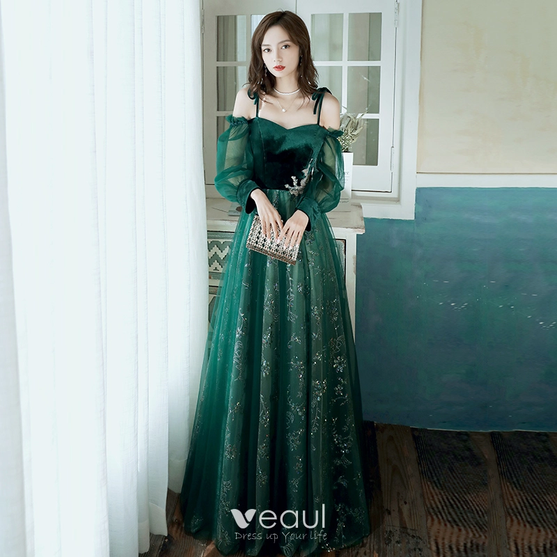 Elegant Dark Green Evening Dresses 2020 A-Line Princess Off-The-Shoulder Puffy Long