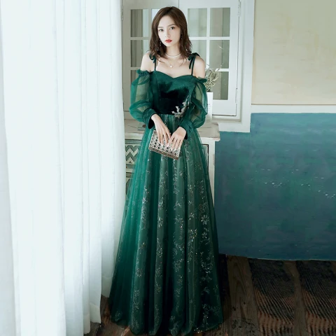 Elegant Dark Green Evening Dresses  2020 A-Line / Princess Off-The-Shoulder Puffy Long Sleeve Glitter Sequins Tulle Floor-Length / Long Ruffle Backless Formal Dresses