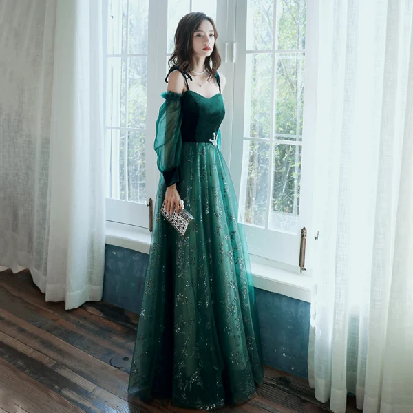 Elegant Dark Green Evening Dresses 2020 A-Line / Princess Off-The-Shoulder Puffy Long Sleeve Glitter Sequins Tulle Floor-Length / Long Ruffle Backless Formal Dresses