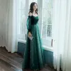 Elegant Dark Green Evening Dresses  2020 A-Line / Princess Off-The-Shoulder Puffy Long Sleeve Glitter Sequins Tulle Floor-Length / Long Ruffle Backless Formal Dresses