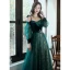 Elegant Dark Green Evening Dresses  2020 A-Line / Princess Off-The-Shoulder Puffy Long Sleeve Glitter Sequins Tulle Floor-Length / Long Ruffle Backless Formal Dresses