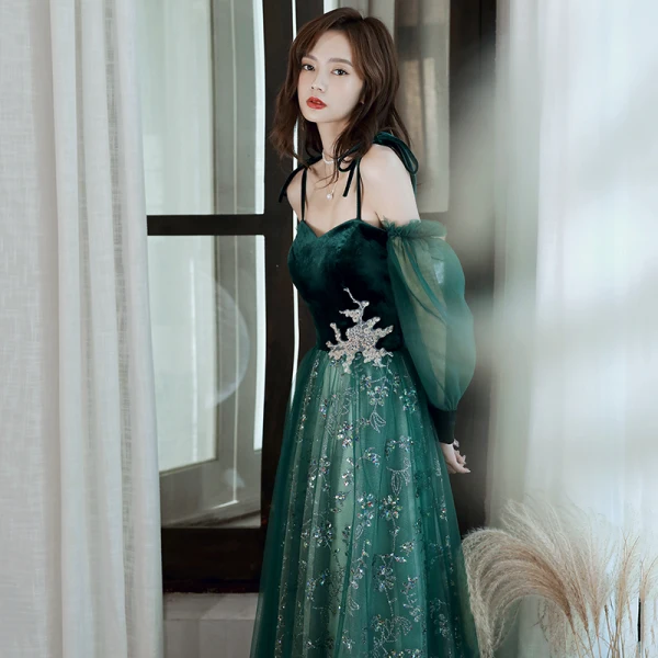 Elegant Dark Green Evening Dresses 2020 A-Line / Princess Off-The-Shoulder Puffy Long Sleeve Glitter Sequins Tulle Floor-Length / Long Ruffle Backless Formal Dresses
