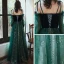 Elegant Dark Green Evening Dresses  2020 A-Line / Princess Off-The-Shoulder Puffy Long Sleeve Glitter Sequins Tulle Floor-Length / Long Ruffle Backless Formal Dresses