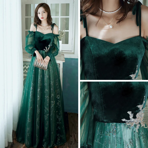 Elegant Dark Green Evening Dresses 2020 A-Line / Princess Off-The-Shoulder Puffy Long Sleeve Glitter Sequins Tulle Floor-Length / Long Ruffle Backless Formal Dresses