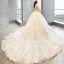 Vintage / Retro Champagne See-through Bridal Wedding Dresses 2020 Ball Gown High Neck Sleeveless Appliques Lace Glitter Tulle Beading Cathedral Train Ruffle