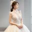Vintage / Retro Champagne See-through Bridal Wedding Dresses 2020 Ball Gown High Neck Sleeveless Appliques Lace Glitter Tulle Beading Cathedral Train Ruffle