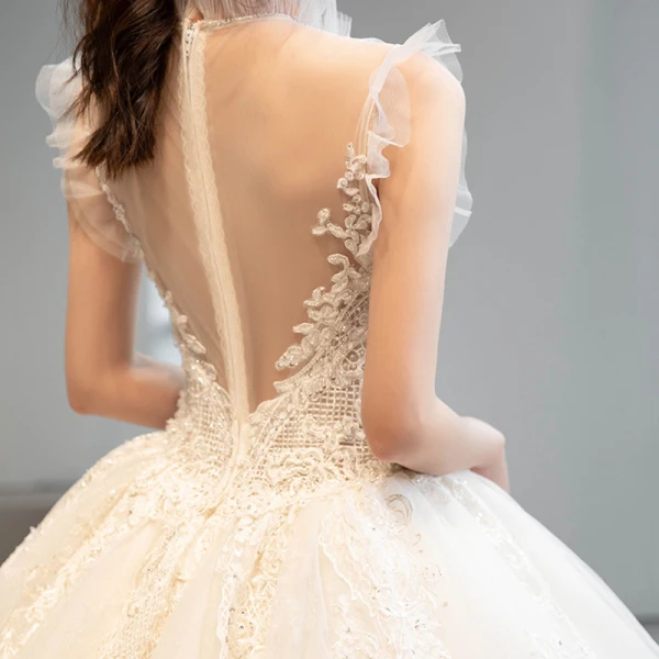 Vintage / Retro Champagne See-through Bridal Wedding Dresses 2020 Ball Gown High Neck Sleeveless Appliques Lace Glitter Tulle Beading Cathedral Train Ruffle