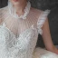 Vintage / Retro Champagne See-through Bridal Wedding Dresses 2020 Ball Gown High Neck Sleeveless Appliques Lace Glitter Tulle Beading Cathedral Train Ruffle