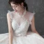 Vintage / Retro Champagne See-through Bridal Wedding Dresses 2020 Ball Gown High Neck Sleeveless Appliques Lace Glitter Tulle Beading Cathedral Train Ruffle