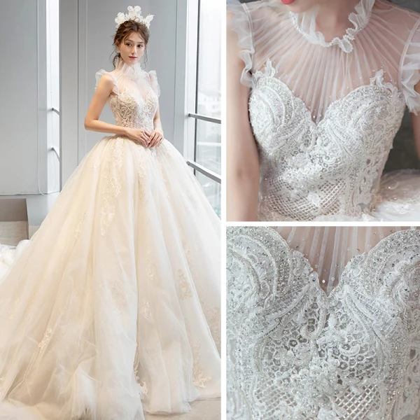 Vintage / Retro Champagne See-through Bridal Wedding Dresses 2020 Ball Gown High Neck Sleeveless Appliques Lace Glitter Tulle Beading Cathedral Train Ruffle