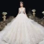 Romantic Champagne See-through Bridal Wedding Dresses 2020 Ball Gown Scoop Neck 3/4 Sleeve Backless Appliques Lace Handmade  Beading Cathedral Train Ruffle