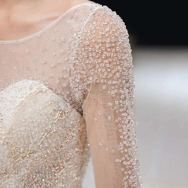 Romantic Champagne See-through Bridal Wedding Dresses 2020 Ball Gown Scoop Neck 3/4 Sleeve Backless Appliques Lace Handmade Beading Cathedral Train Ruffle