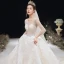 Romantic Champagne See-through Bridal Wedding Dresses 2020 Ball Gown Scoop Neck 3/4 Sleeve Backless Appliques Lace Handmade  Beading Cathedral Train Ruffle
